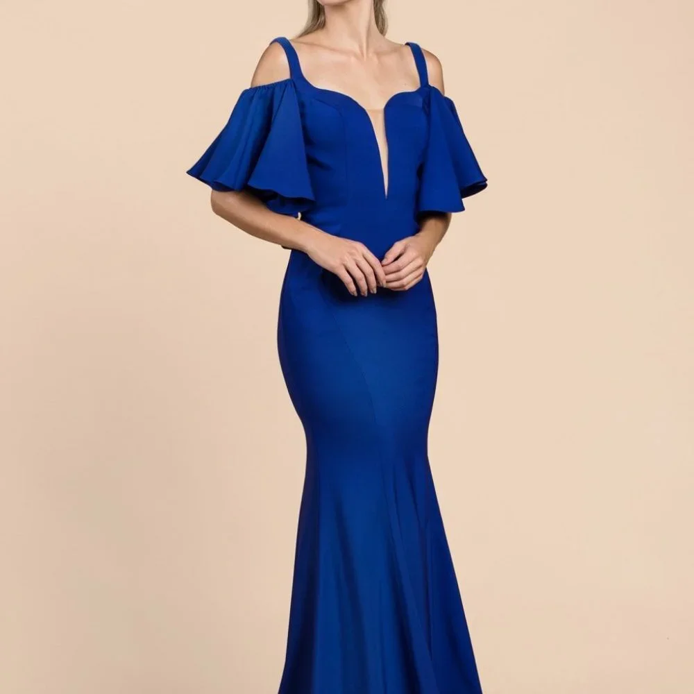 Royal Blue Prom Party Evening Formal Wedding Off Cold Shoulder Dress CD0079